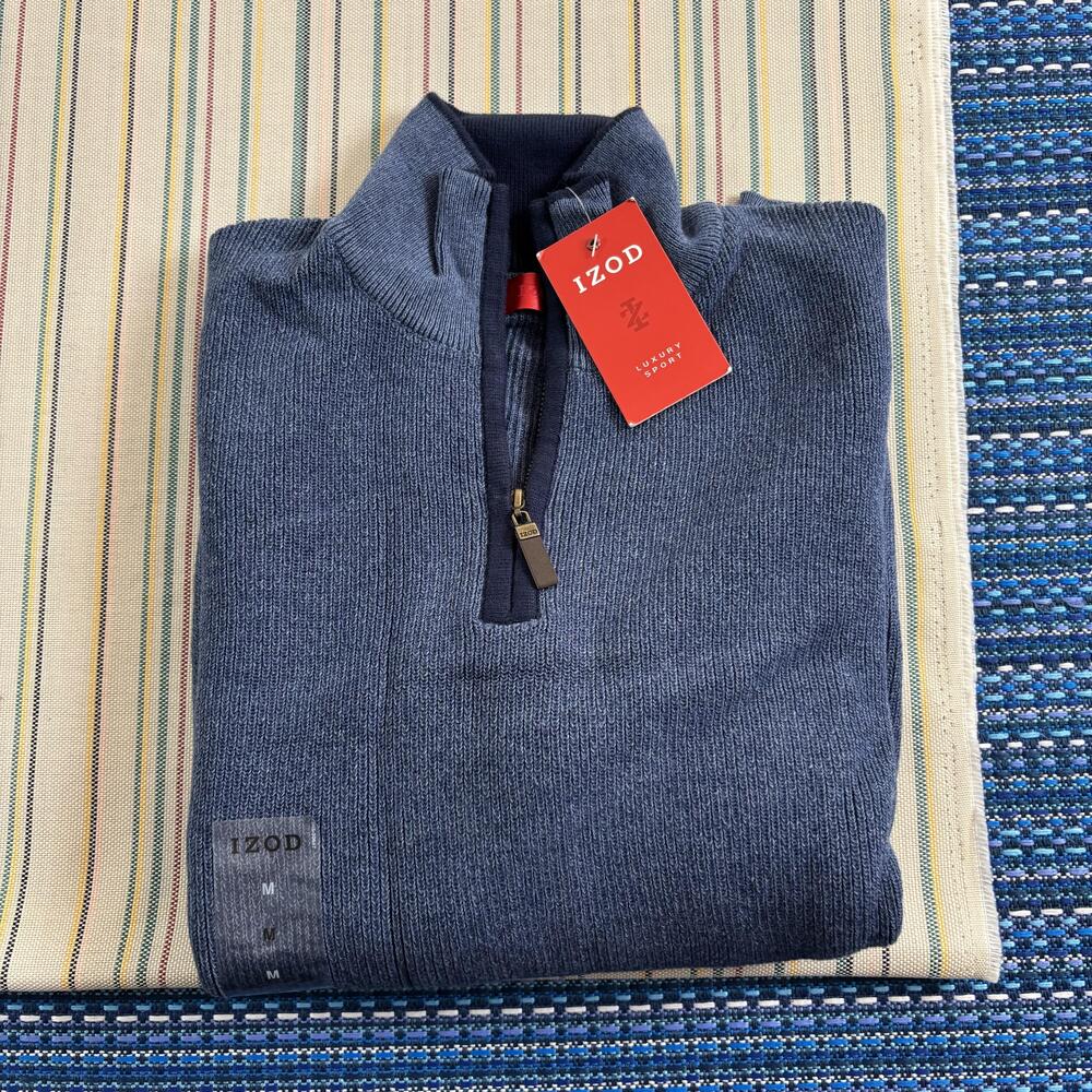 IZOD Sweater Mens Medium Blue Solid 1/4 Zip Mock Neck Knit Pullover NEW